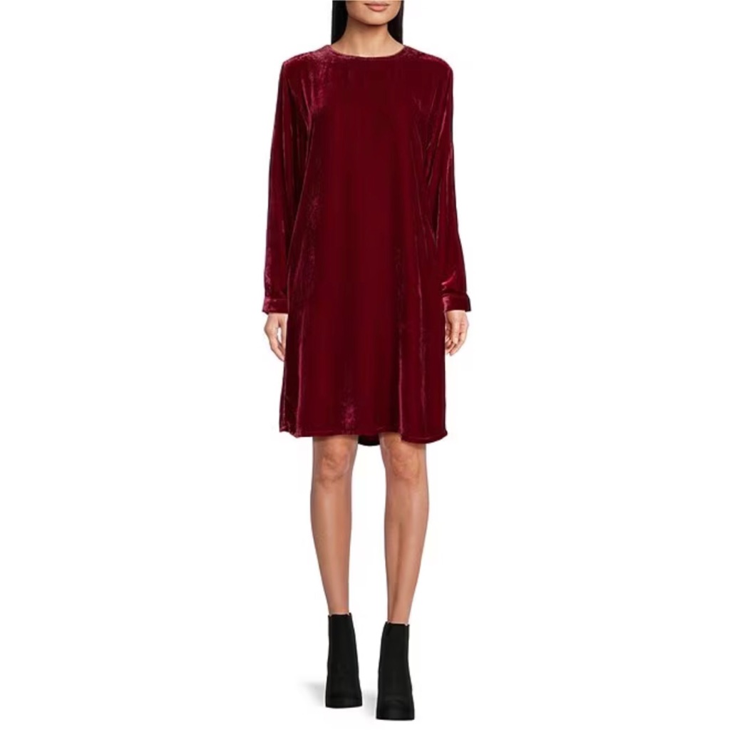 Eileen Fisher Dress Red Silk Blend Velvet Round Neck Long Sleeve Small